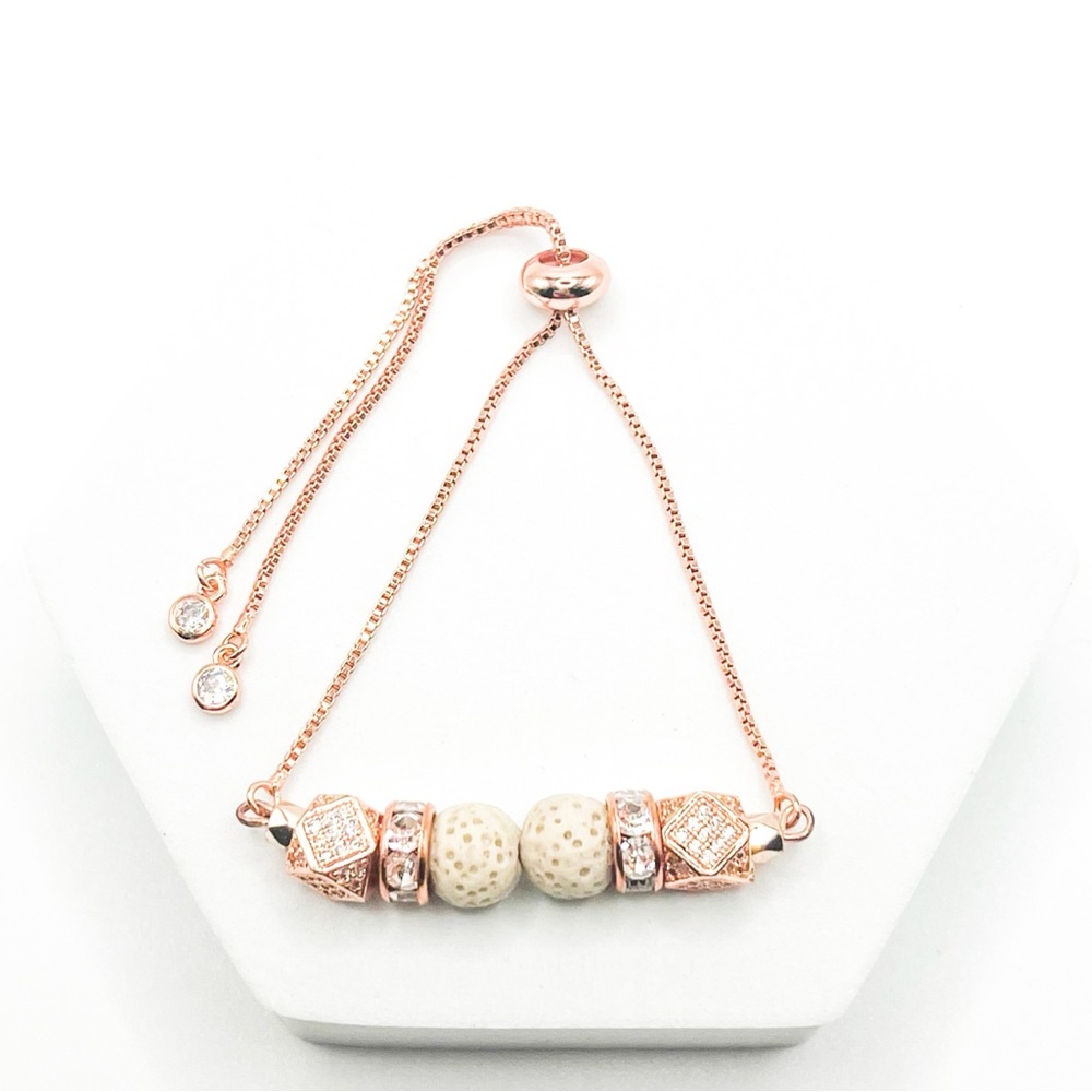 Rose Gold Adjustable Bracelet with Statement Lava Beads and Crystal Detail